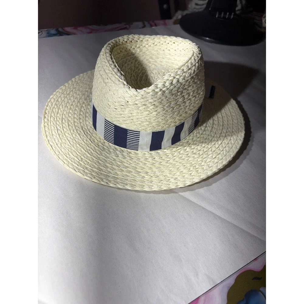 Sun N Sand Women Straw Boater Hat UPF 50+ Navy White Striped Ribbon Cream Woven